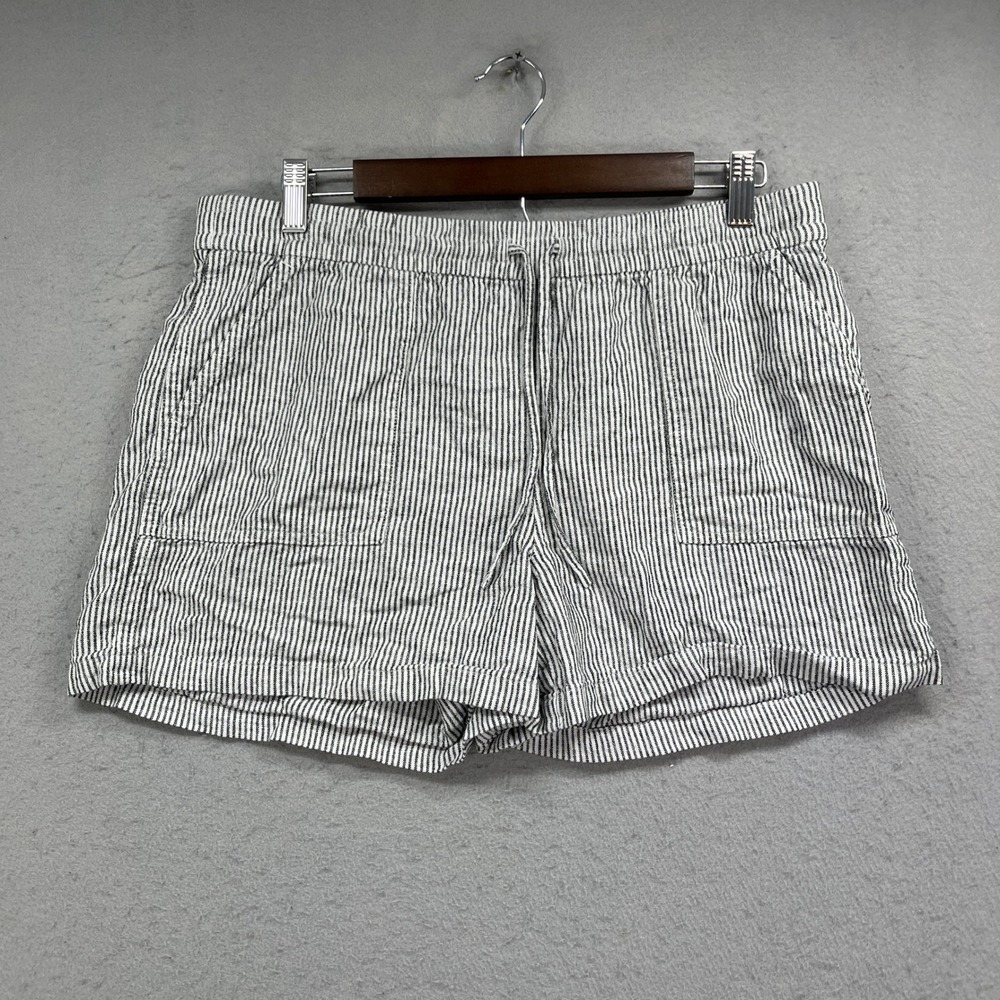 J Crew Shorts Women M Black White Striped Linen Cotton Seaside Coastal Lounge